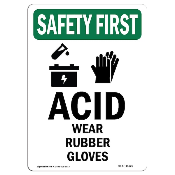 OSHA Sign, Acid Wear Rubber Gloves W/ Symbol, 14in X 10in Aluminum, 10" W, 14" H, Portrait